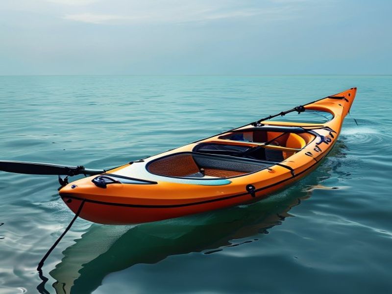 Fishing kayak on calm water at sunset
