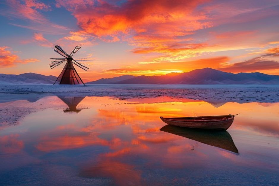 Trapani salt flats at sunset with windmill