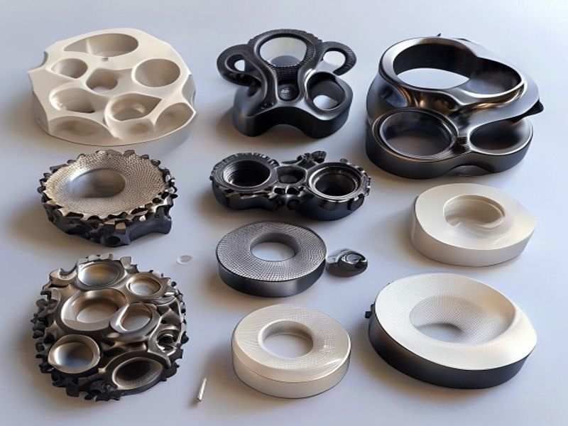 Custom 3D printed prototypes displayed on a workbench