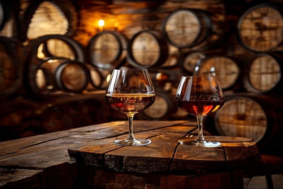 Marsala wine cellar with oak barrels and tasting glasses